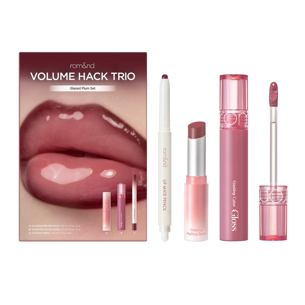 rom&nd Volume Hack Trio Glazed Plum Lip Set packaging showcases the all-in-one lip routine.