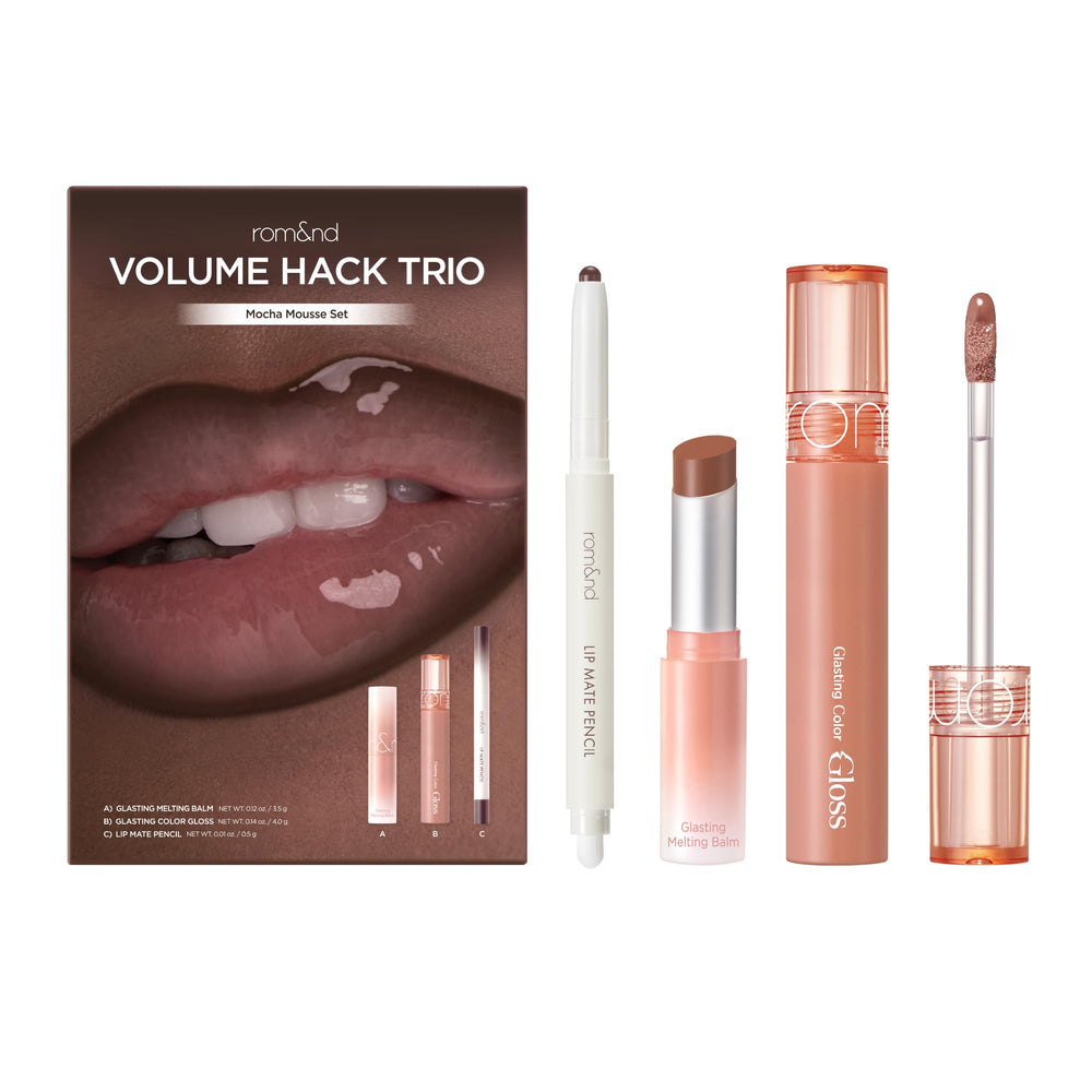 rom&nd Volume Hack Trio hero image showing three-step lip routine for glossy results.