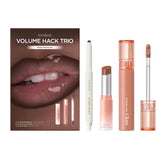 rom&nd Volume Hack Trio hero image showing three-step lip routine for glossy results.