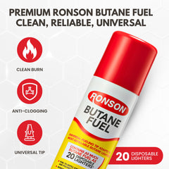 Ronson 75ml universal-tip refills fit most lighters for quick fueling.
