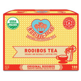 ROOIBOS ROCKS tea bags in packaging highlighting organic, sustainable ingredients.
