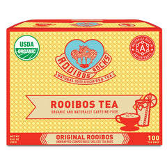 ROOIBOS ROCKS tea bags in packaging highlighting organic, sustainable ingredients.