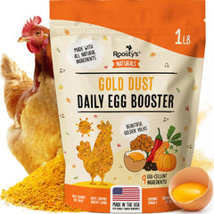 Roosty's Gold Dust Daily Egg Booster jar showing vibrant golden yolks and healthy shells