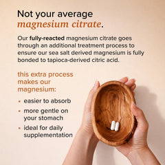 Rootcha fully-reacted magnesium absorption close-up highlights easy-to-swallow capsules