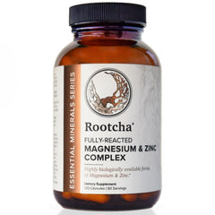 Rootcha magnesium zinc complex bottle showing a potent, bioavailable minerals for daily support
