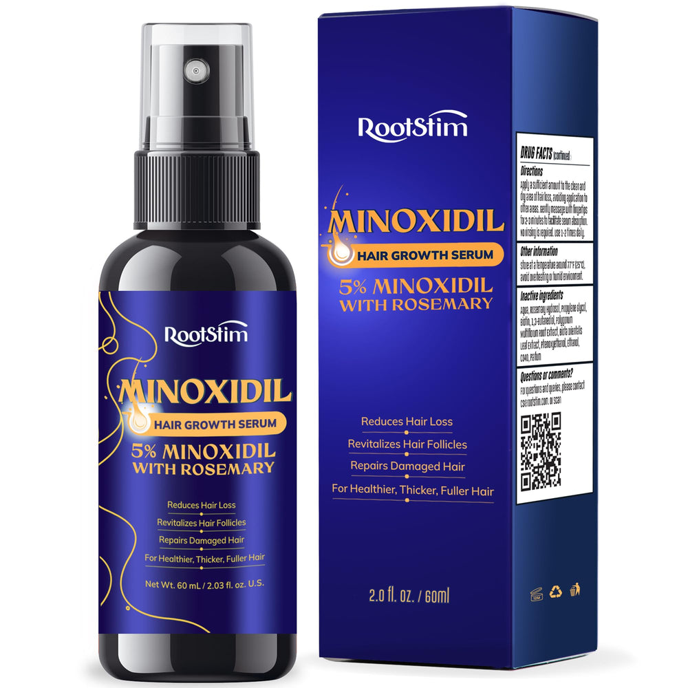 RootStim 5% Minoxidil bottle, applying drops on scalp to support targeted growth