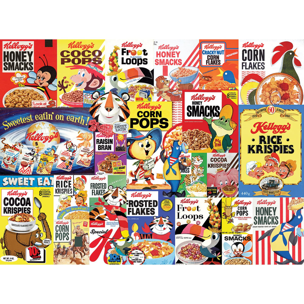 RoseArt Kellogg's Cereal Favorites puzzle front cover showcases nostalgic cereal boxes