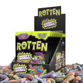 Rotten Sour Gummy Worms 8-pack front display, gluten-free candy with low sugar.
