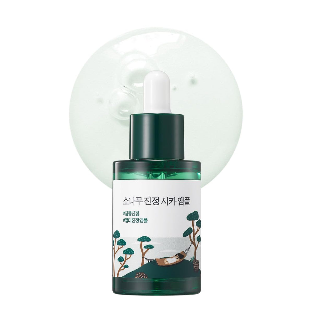 ROUND LAB Pine Calming Cica Ampoule bottle close-up for soothing hydration.