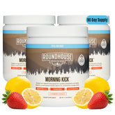ROUNDHOUSE PROVISION Morning Kick bottle pouring greens powder for a refreshing morning boost