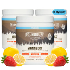 ROUNDHOUSE PROVISION Morning Kick bottle pouring greens powder for a refreshing morning boost