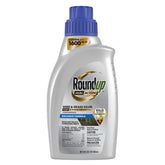 Roundup Dual Action weed killer bottle targeting cracked driveway for root-level control