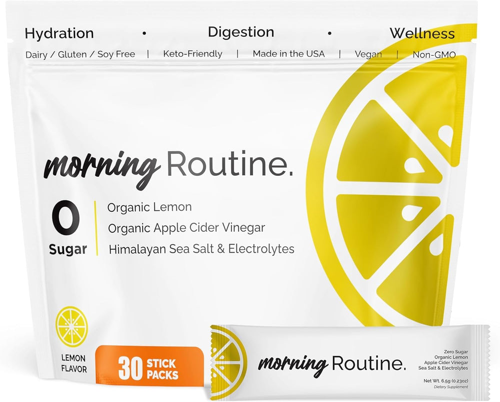 Routine Morning Hydration lemon-acv packets dissolving in water for refreshing energy