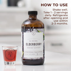 Rowe Casa Organics Elderberry glass bottle bathed in light, premium packaging.