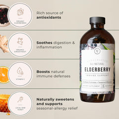 Rowe Casa Organics Elderberry label close-up highlighting organic ingredients.