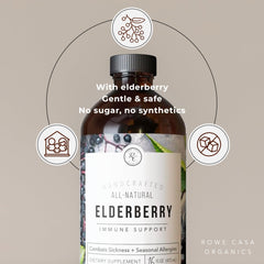 Rowe Casa Organics Elderberry pour showing easy dosing for family use.