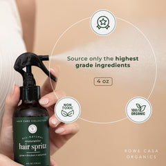 Rowe Casa Organics Hair Spritz application on hands for even conditioning.