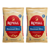 Royal Basmati rice, uncooked grains, for fluffy, non-sticky results.