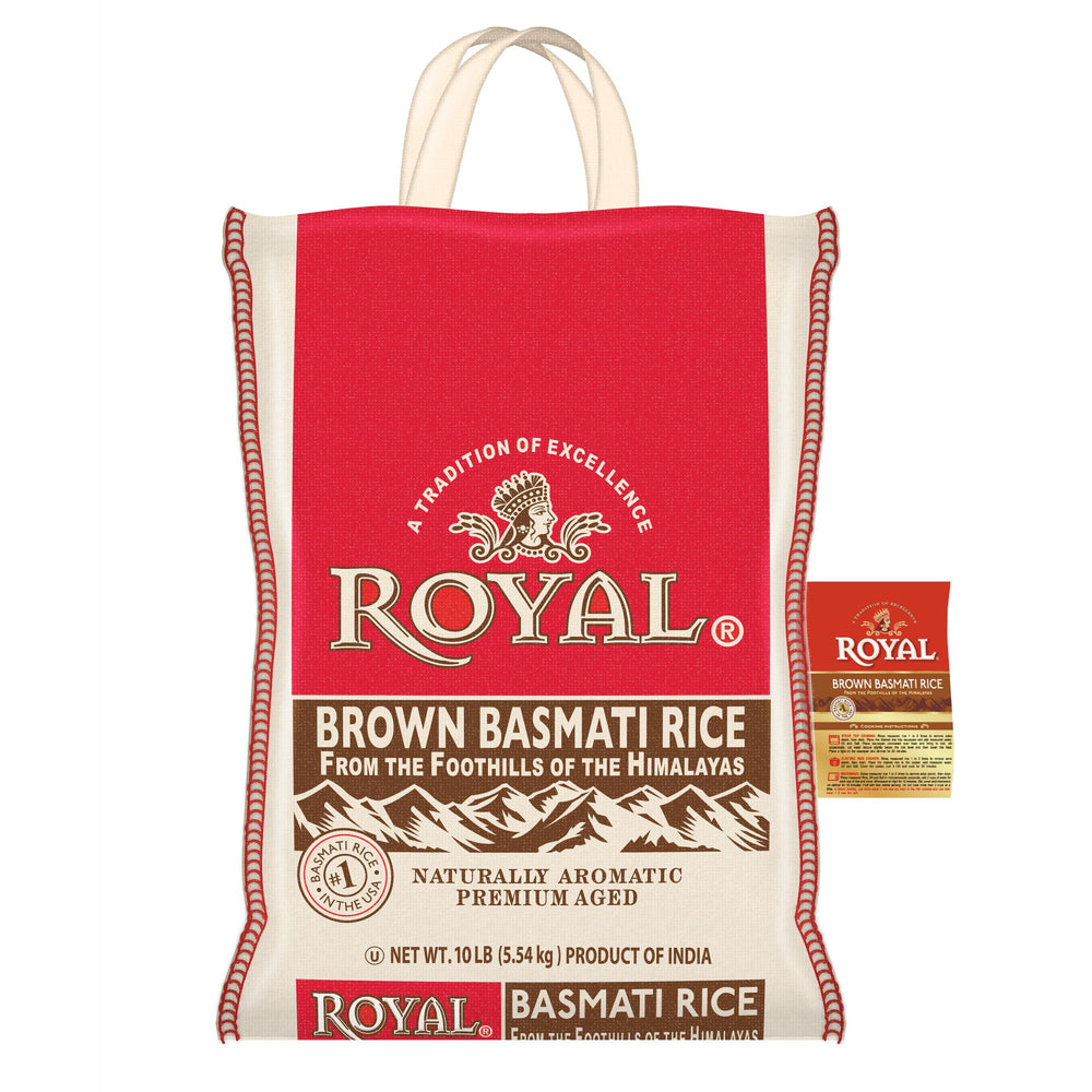 Royal brown basmati rice pack-shot highlights authentic long grain texture for flavorful meals.