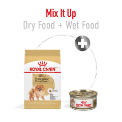 Royal Canin Pomeranian bag with label highlighting breed-specific formula.