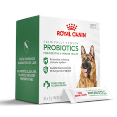 Royal Canin Probiotics dog powder pack on a bowl supports digestive health