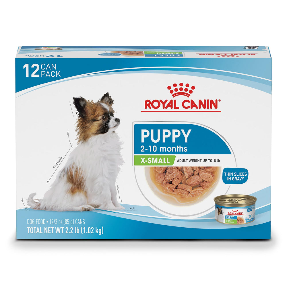 Royal Canin X-Small Puppy thin slices in gravy can for tiny breed nutrition.