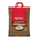 Royal Chef's Secret Basmati rice bag showcases premium long grains for gourmet meals.