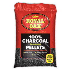Royal Oak 100% hardwood charcoal pellets bag close-up highlights authentic flavor