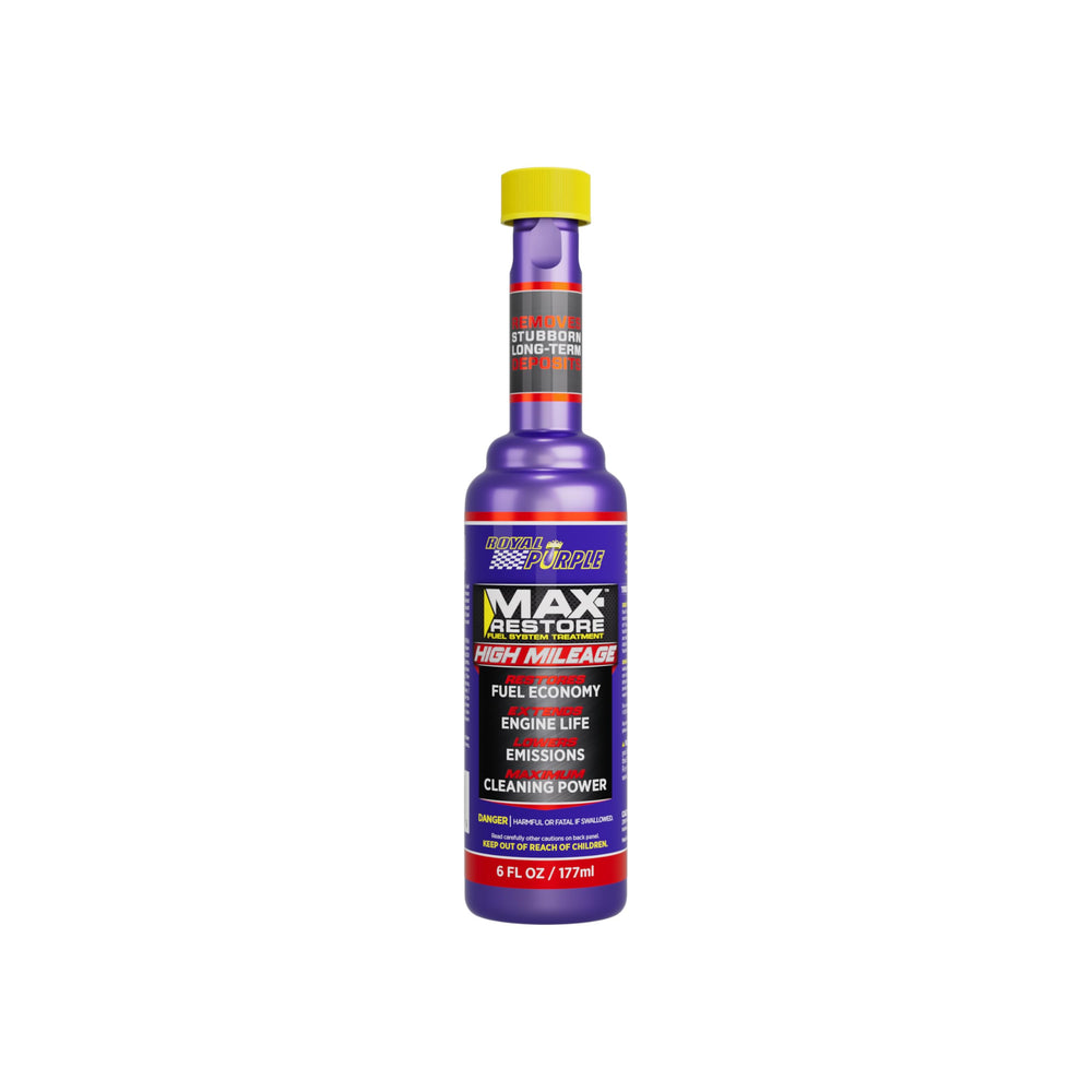Royal Purple Max-Restore High Mileage bottle pouring to illustrate cleaning action and smoother starts.
