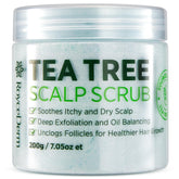 Roycederm Tea Tree Scalp Scrub bottle close-up signals a refreshing pre-shampoo treatment