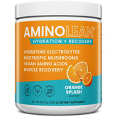 RSP NUTRITION AminoLean hydration powder bottle close-up, highlighting electrolytes for post-workout recovery.
