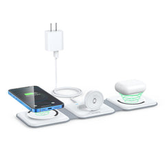 RTOPS 3-in-1 wireless charger front view showing compact desk-ready design for iPhone, Apple Watch, and AirPods.