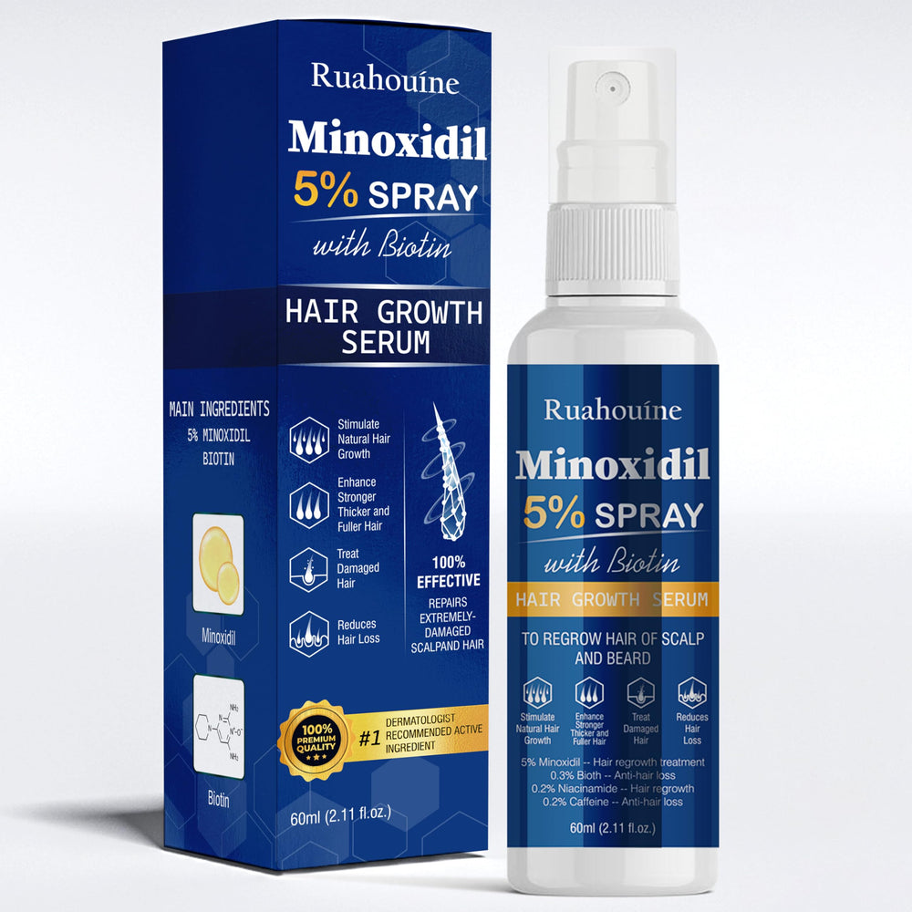 Ruahouine 5% Minoxidil spray bottle shown for easy hair regrowth support.