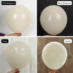 Rubfac sand white 10-inch balloons balance centerpieces and backdrops.