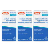 Rugby Laboratories bottle-front of sodium chloride ophthalmic ointment showing brand and compact packaging for convenience.