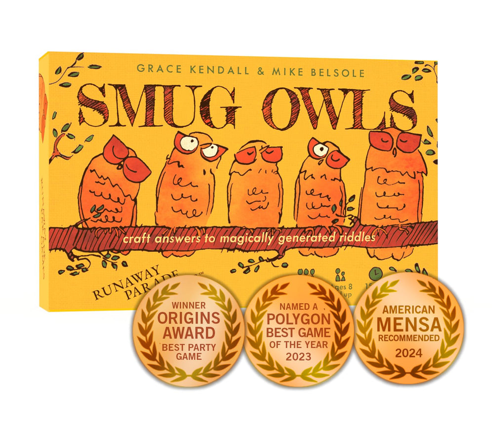Runaway Parade Smug Owls Card Game box on table ready for family game night