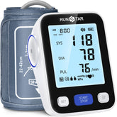 Runstar upper-arm BP monitor with large display shown for home use.
