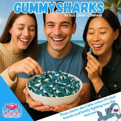 Close-up of Blue Gummy Sharks showing vibrant color and chewy texture.