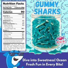 Blue Gummy Sharks on a plate, ideal party candy display.