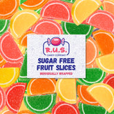 R.U.S. Candy sugar-free fruit slices bag front shows colorful, guilt-free snacking