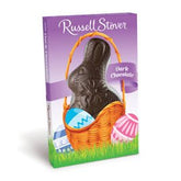 Russell Stover dark chocolate Easter rabbit in festive packaging, ideal for spring gifting.