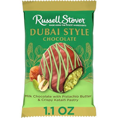 Close-up cross-section of Russell Stover Dubai Style Pistachio & Kataifi bar showing texture