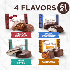 Milk chocolate pecan delight piece, Russell Stover with nutty chocolate goodness.
