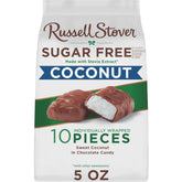 Russell Stover sugar free coconut in chocolate bag shown for convenient on-the-go snacking