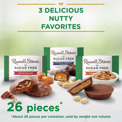Russell Stover Sugar Free Peanuts, Caramel & Nougat featuring chewy nougat and peanuts.