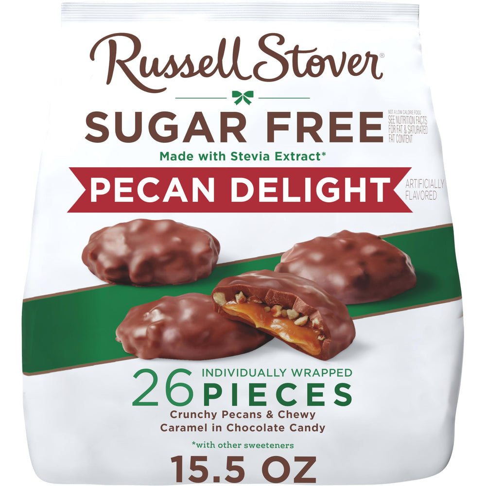 Russell Stover Sugar Free Pecan Delights chocolate bag shows sugar-free indulgence with pecans for sharing