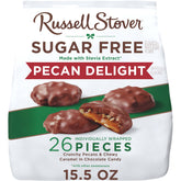 Russell Stover Sugar Free Pecan Delights chocolate bag shows sugar-free indulgence with pecans for sharing