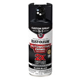 Rust-Oleum 2X Automotive Enamel gloss black spray can, angled shot showing durable metal finish.