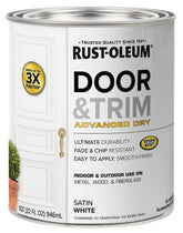 Rust-Oleum 369384 advanced dry door and trim paint, satin white for durable interior/exterior use.