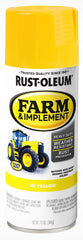 Rust-Oleum Farm & Implement JD Yellow on a tractor for durable, color-matched protection.